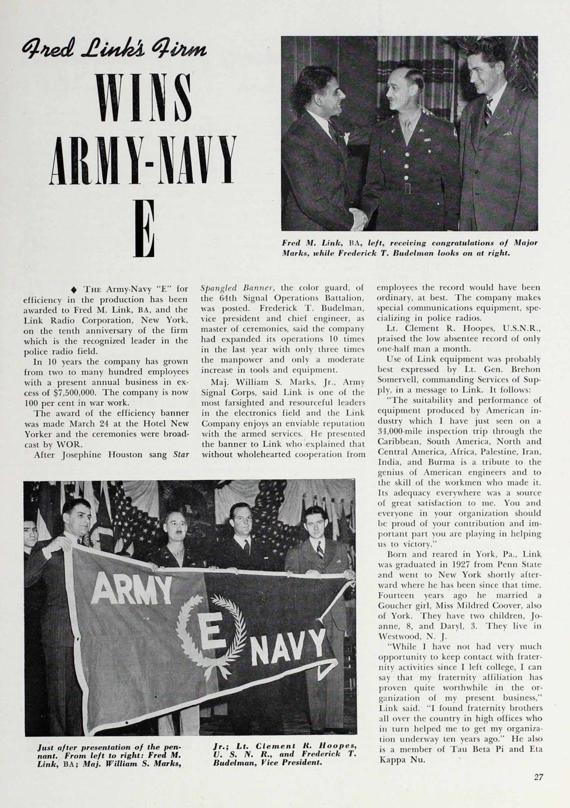 Fred Links Firm Wins Army-Navy E